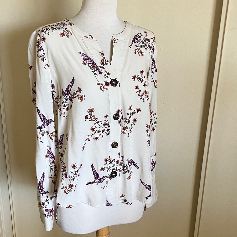 DR2 Cream Blouse with Purple Floral Bird Design
